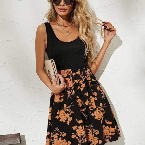 New Floral Print Belted Dress Black and Yellow Orange - Picture 5 of 6